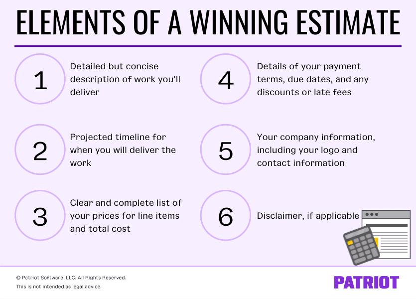 Elements of a winning estimate. Detailed by concise description of work you'll deliver. Projected timeline for when you will deliver the work. Clear and complete list of your prices for line items and total cost. Details of your payment terms, due dates, and any discounts or late fees. Your company information, including your logo and contact information. Disclaimer, if applicable. 