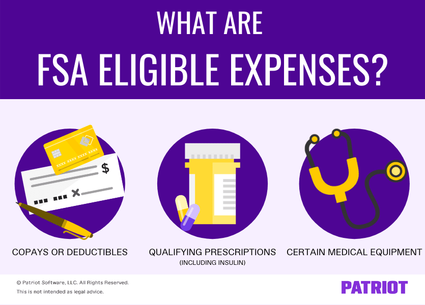FSA eligible expenses include copays or deductibles, qualifying prescriptions, and certain medical equipment