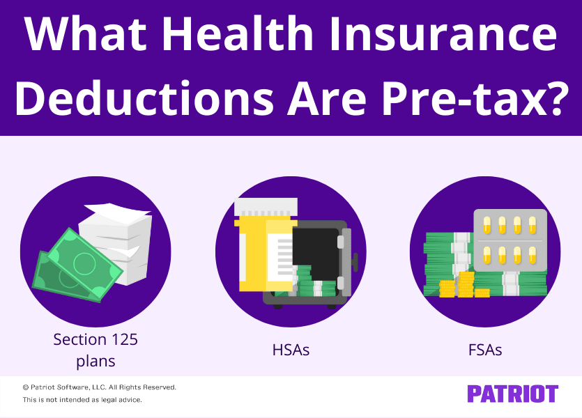 What health insurance deductions are pre-tax? Section 125 plans, HSAs, and FSAs.